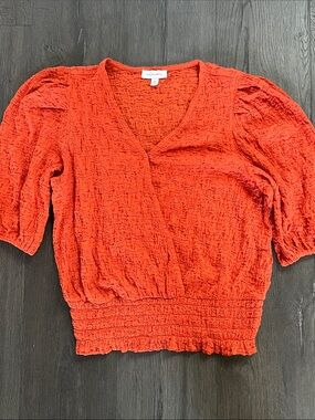 Calligraphie Rust Orange Smocked Puff Sleeve Wrap Top Medium